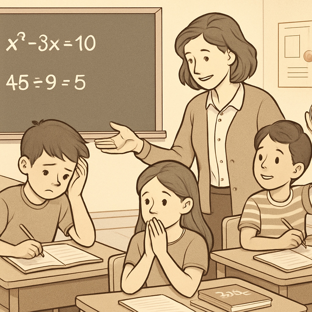 A classroom setting where a teacher is helping a group of students overcome math-related anxiety. Teacher assisting students to overcome math anxiety in a supportive classroom environment.
