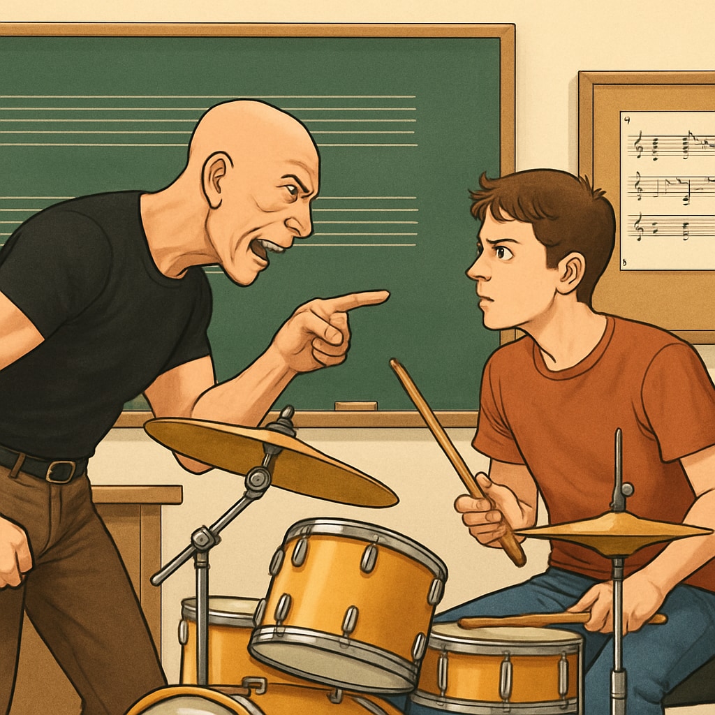 A scene from *Whiplash* showing the intense dynamic between the student and teacher, highlighting the tension of strict educational methods. A dramatic scene from *Whiplash*, illustrating the extremes of strict teaching.
