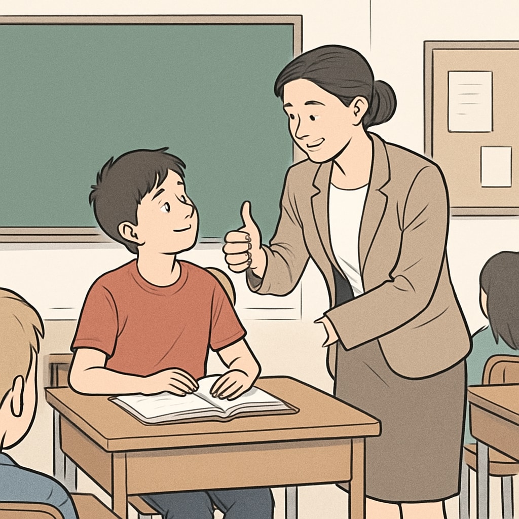 A classroom setting with a teacher encouraging a student, symbolizing the balance between strictness and care in education. A teacher encouraging a student in a classroom, representing balanced teaching.