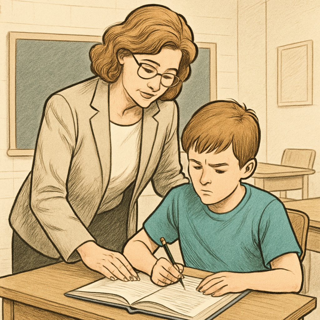A teacher and student interaction emphasizing care and support in high-pressure education.