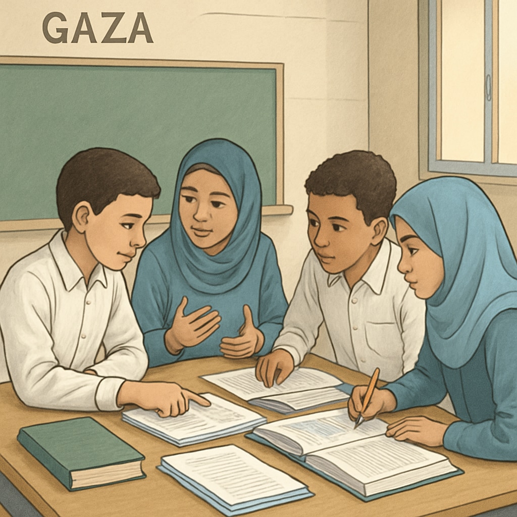 Gaza school students working together in a group activity, showcasing education as a path to peace.