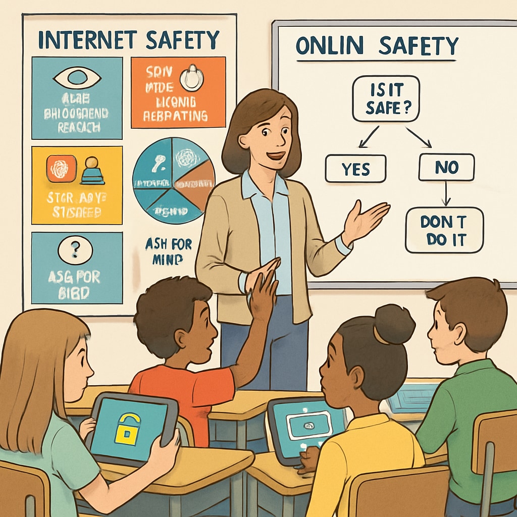 A classroom where students are learning about internet safety and digital citizenship using interactive materials. Students in a classroom discussing internet safety and digital citizenship.