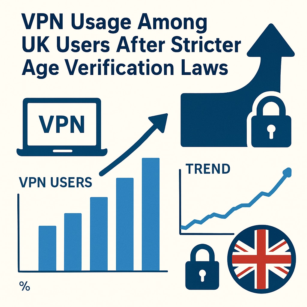 A graphical illustration depicting VPN usage trends among UK users following the introduction of stricter age verification laws. VPN usage trends in the UK after age verification regulations.