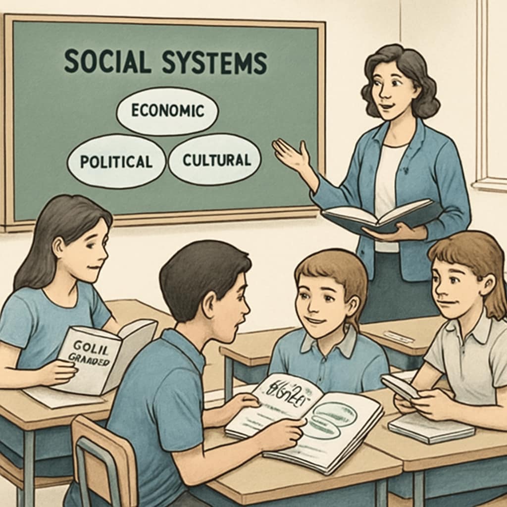 A classroom setting where students are engaged in learning about social systems from a textbook. Students learning about class systems, social mobility, and school education in a classroom setting.