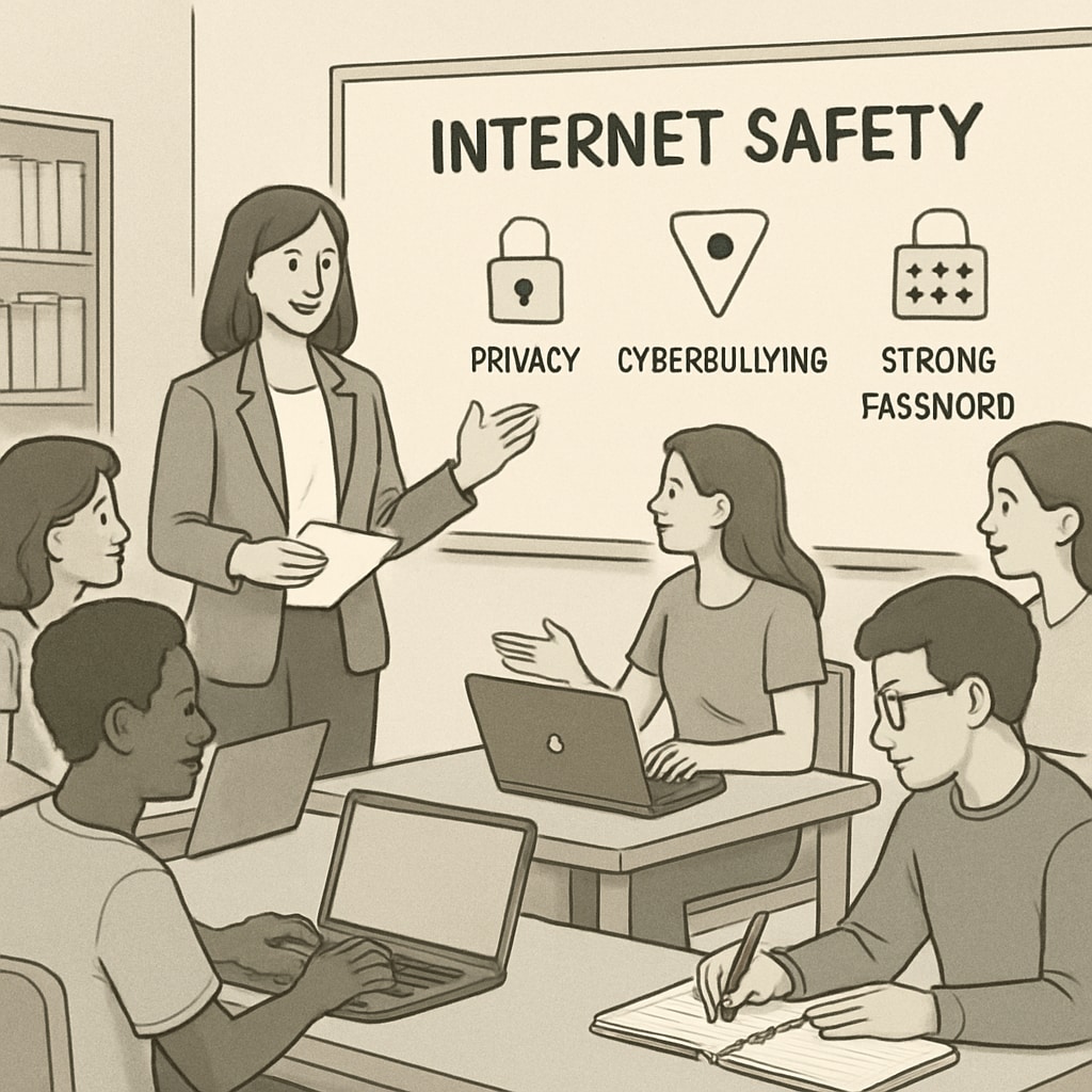Students participating in a workshop focused on online safety and ethical internet use. Students engaged in a digital safety workshop.