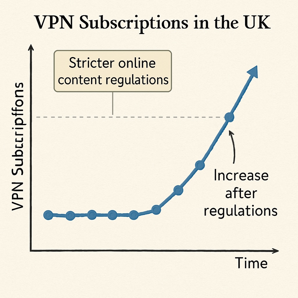 A chart illustrating the rise in VPN subscriptions in the UK following stricter online content regulations. Increase in UK VPN subscriptions due to content restrictions.