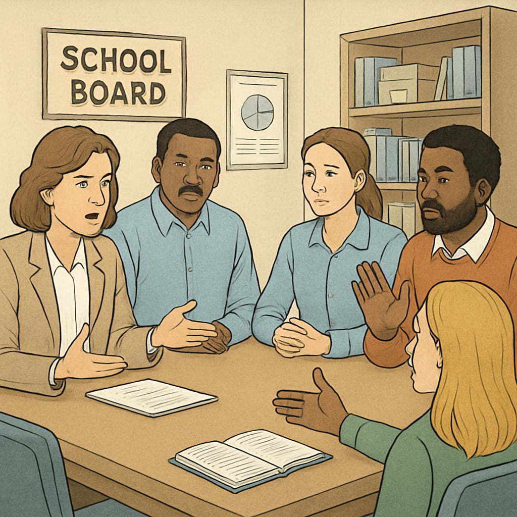 Parents discussing child safety policies at a school board meeting.