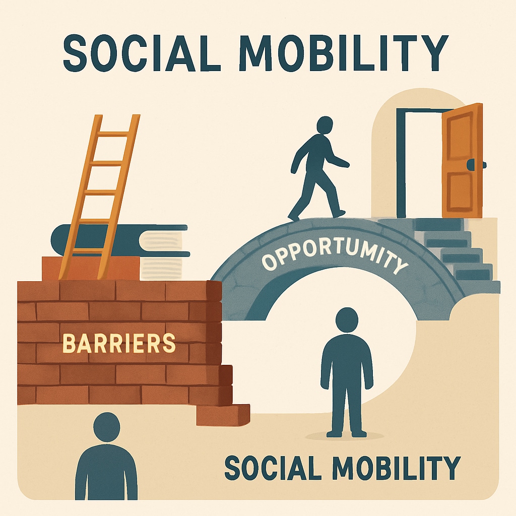 A conceptual illustration depicting the barriers and pathways of social mobility, such as education and opportunity. Visual representation of social mobility, emphasizing education and opportunity as tools for change.