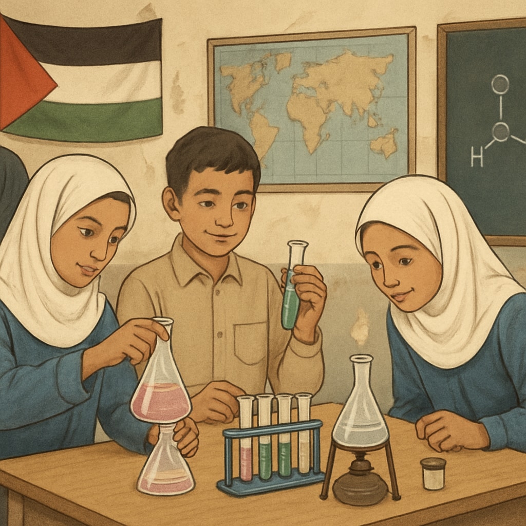 A classroom in Gaza with students engaging in science experiments, reflecting a mix of traditional and modern educational practices. Gaza classroom with students learning science under a post-conflict curriculum framework.