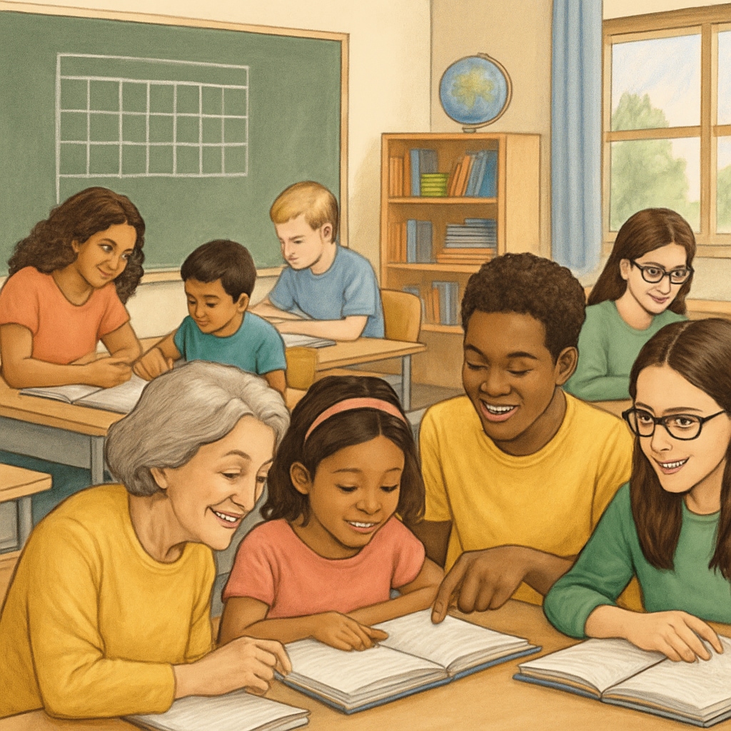 A classroom with diverse students studying together during what appears to be a year-round school schedule. Students in a year-round school setting, engaging in consistent learning to improve retention and avoid the summer slide.
