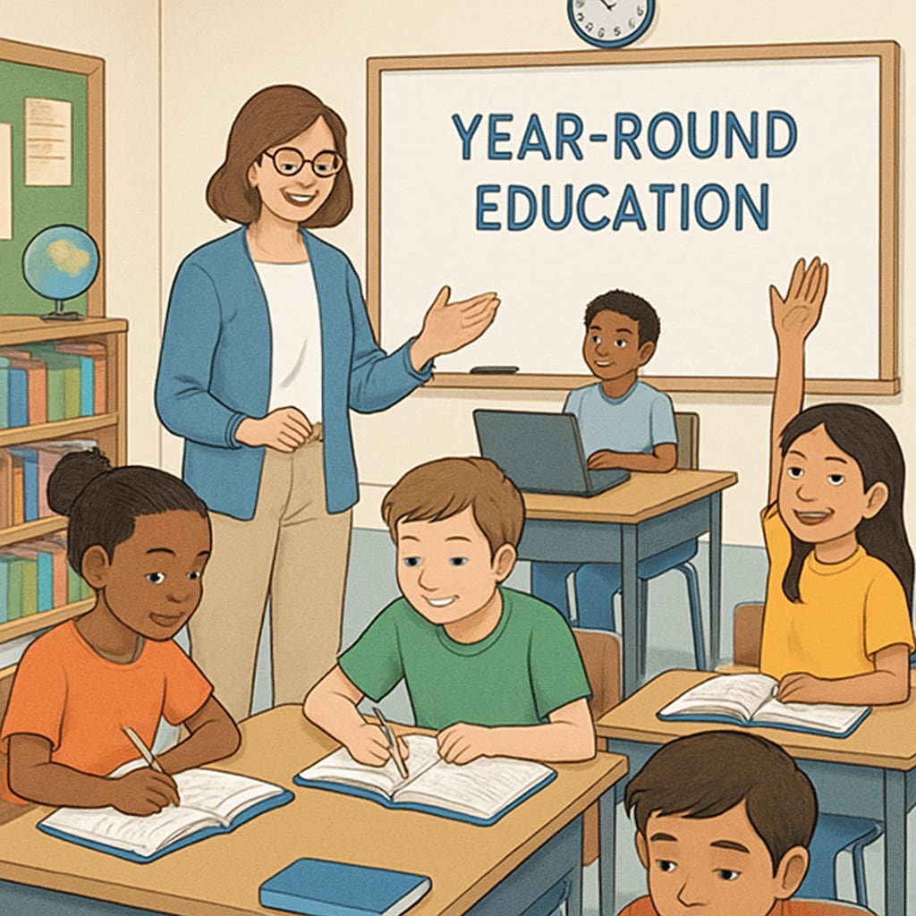 A classroom setting with students actively engaged in learning, representing the concept of year-round education. Students learning in a year-round education environment.