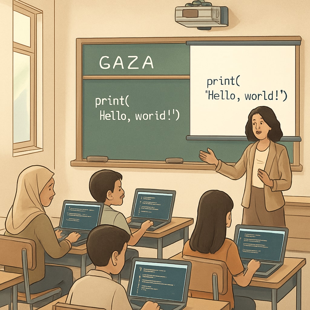 Students in a Gaza school learning computer programming, showcasing modern educational tools and techniques. Gaza students learning computer programming to develop digital skills for future opportunities.