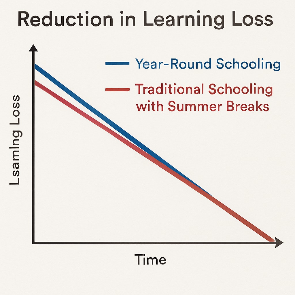 A graph illustrating the reduction in learning loss with year-round schooling compared to traditional summer breaks. A visual representation of how year-round schooling reduces learning loss, emphasizing its benefits for education.