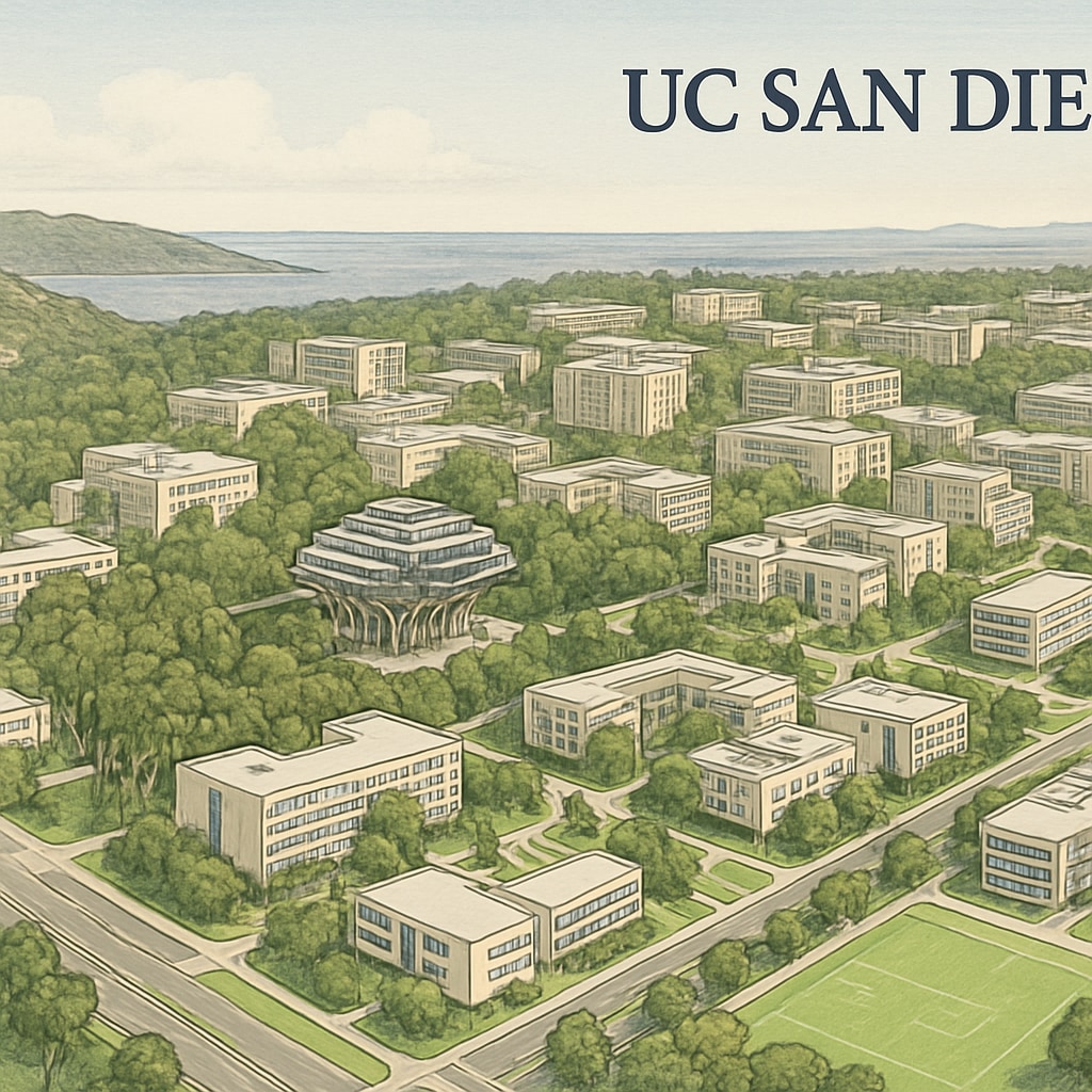 A panoramic view of UC San Diego campus illustrating its size and potential for growth. UC San Diego campus showcasing enrollment expansion and student growth opportunities.
