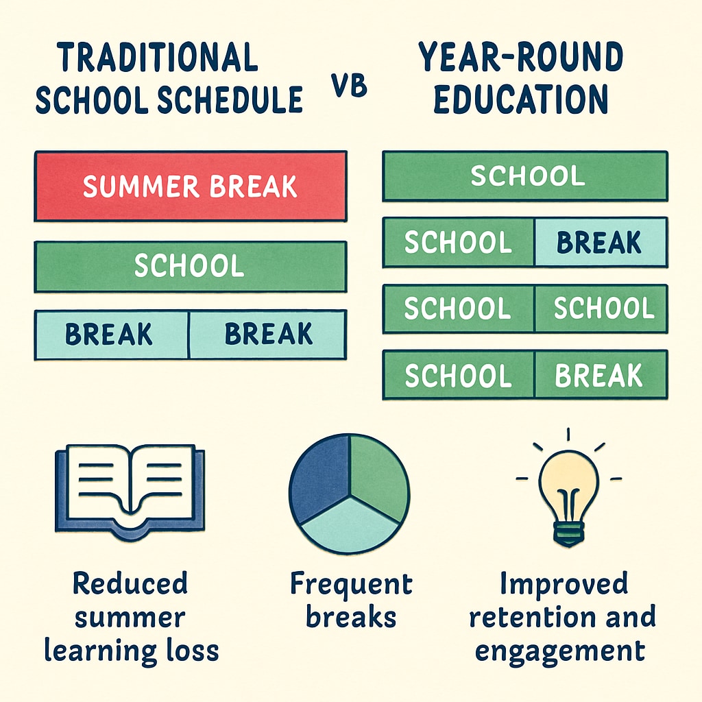 Infographic showing the comparison between traditional school schedules and year-round education schedules, highlighting benefits such as reduced summer learning loss. Visual comparison of traditional and year-round school schedules.