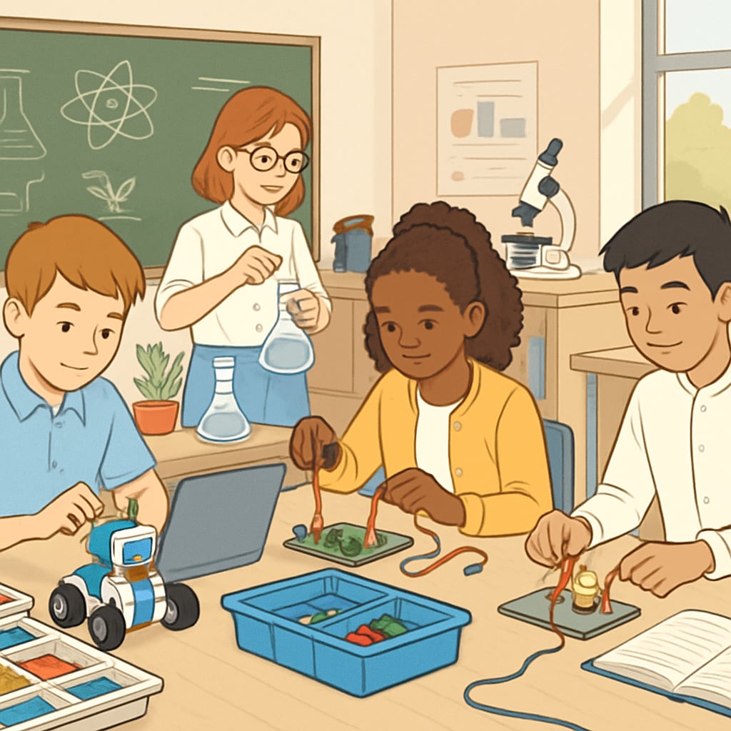 A classroom with students engaged in STEM activities, highlighting preparation for future university demands. K12 students participating in STEM programs to meet future academic requirements.