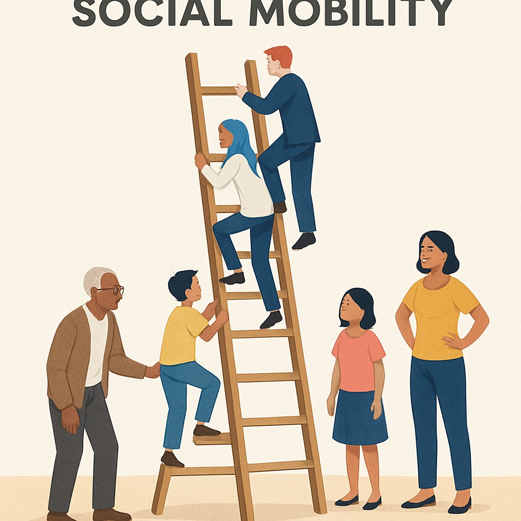 An illustration depicting social mobility, such as a ladder with diverse individuals climbing it to represent opportunities across social classes. Social mobility illustration showing individuals climbing a ladder, representing opportunities and class systems.