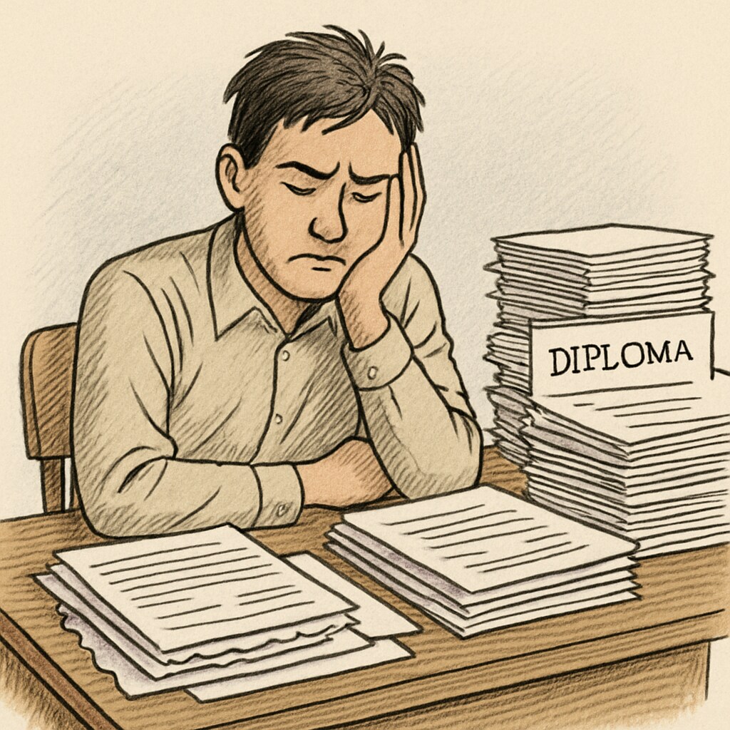 A student looking frustrated at a desk with unfinished paperwork, symbolizing delayed diplomas. A frustrated student at a desk with paperwork representing homeschooling diploma delays.