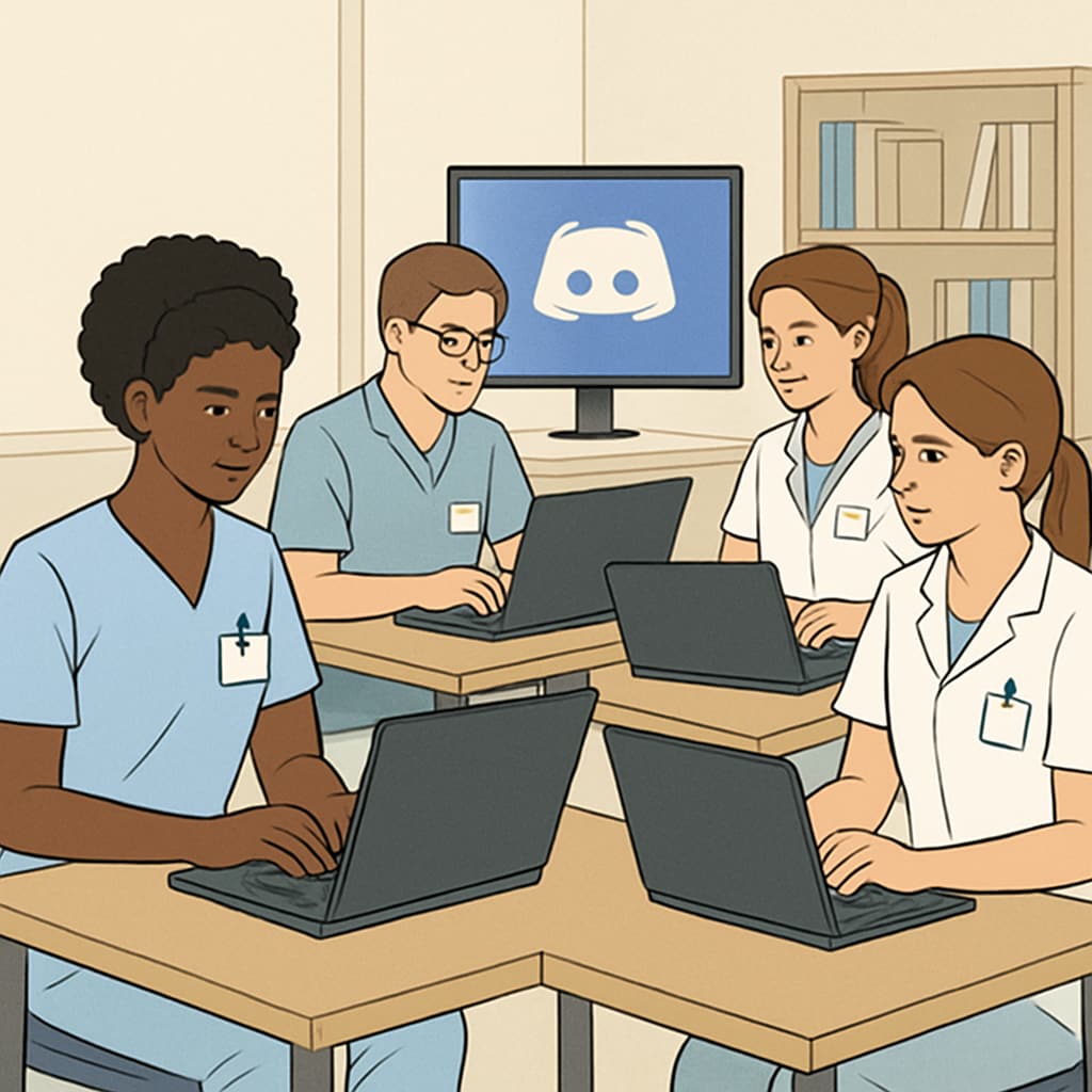 A group of nursing students collaborating virtually using Discord on laptops. Nursing students using Discord for study groups and collaboration.