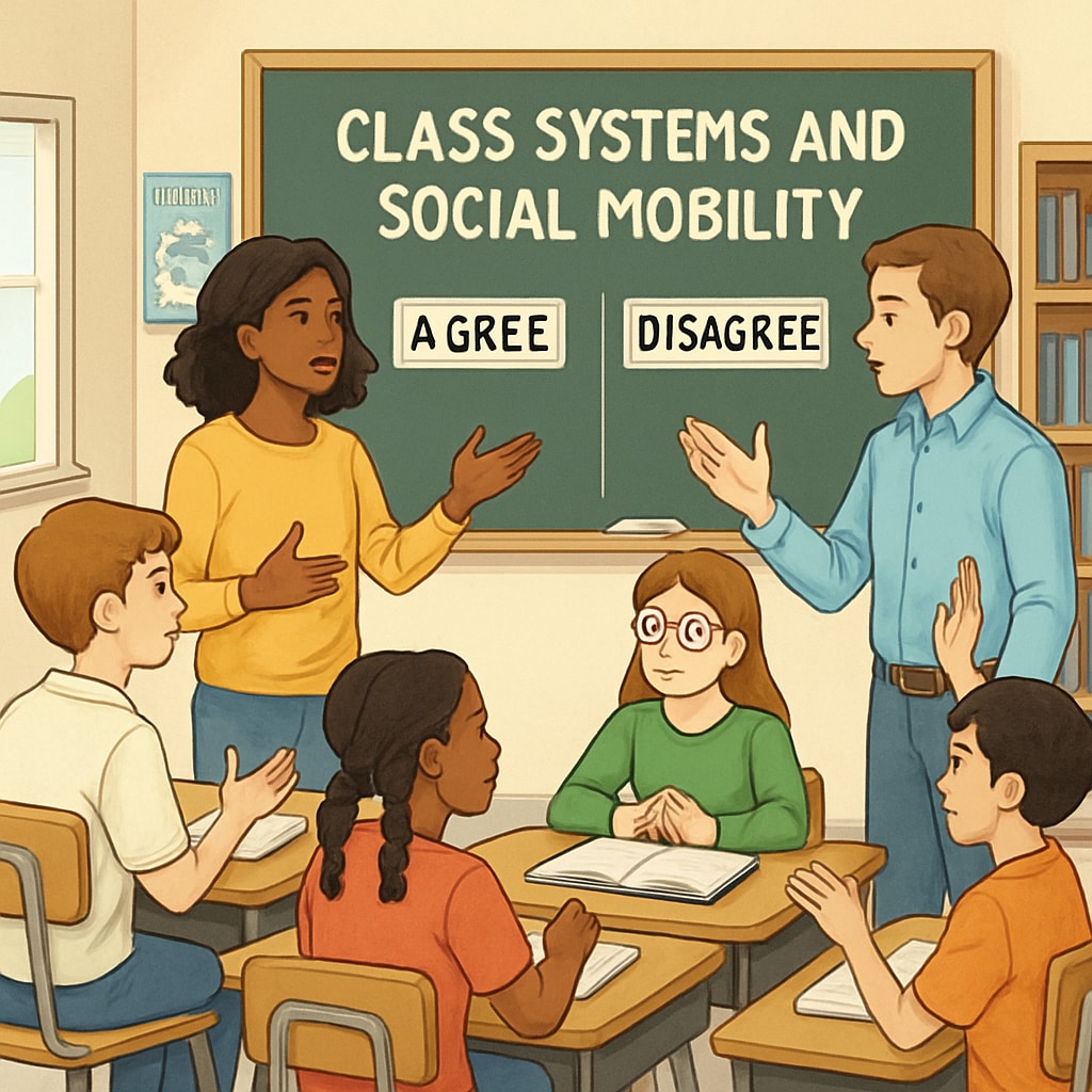 A classroom setting where students are actively engaging in a debate about class systems and social mobility, fostering critical thinking skills. Students debating class systems and social mobility in a classroom setting.