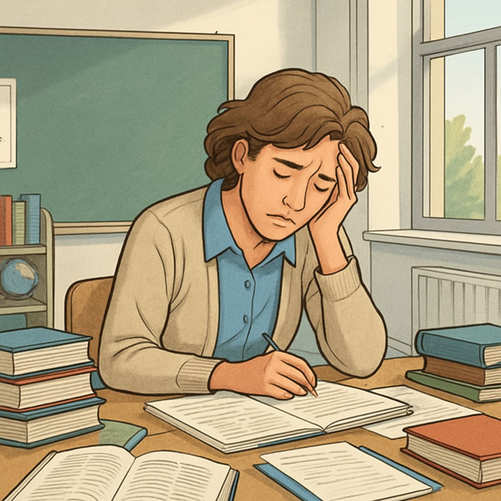 A stressed teacher in a classroom, illustrating lack of support.