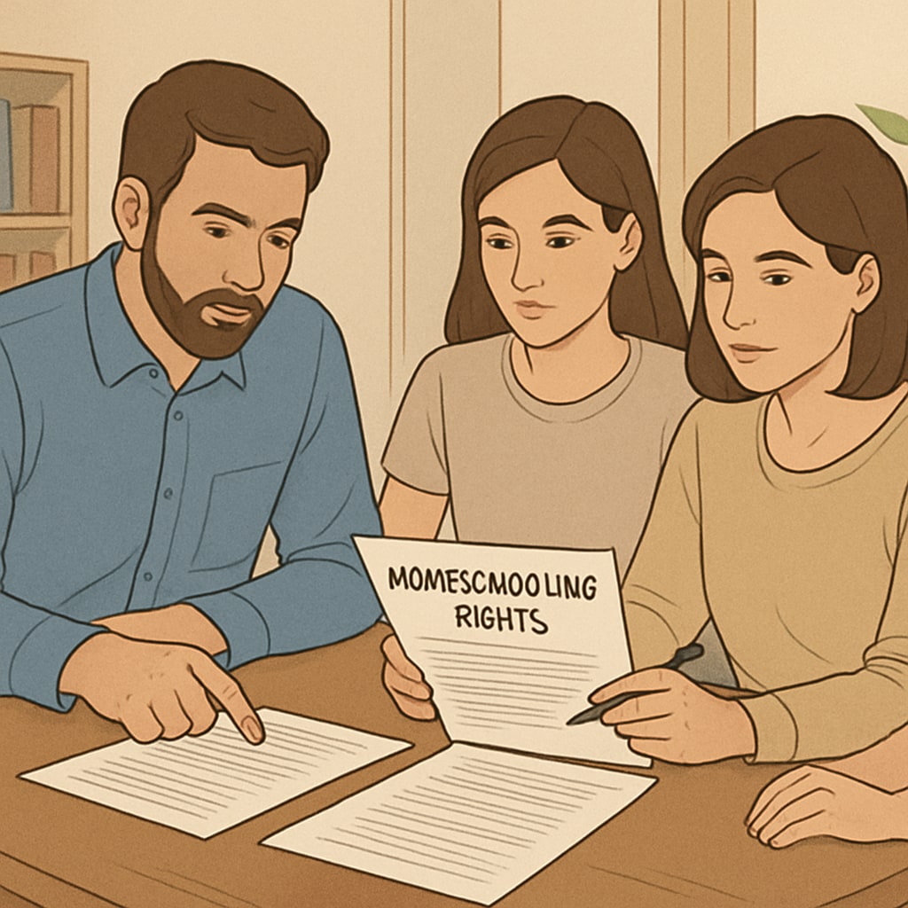 A family reviewing legal documents together, emphasizing the importance of understanding rights in homeschooling. A family reviewing homeschooling-related legal documents together.