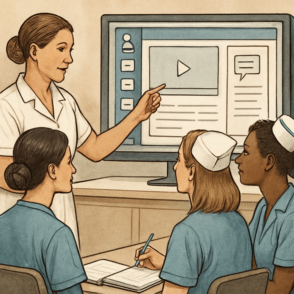 A nursing educator guiding students through a digital study platform like Discord. Nursing educator helping students use Discord for learning groups.