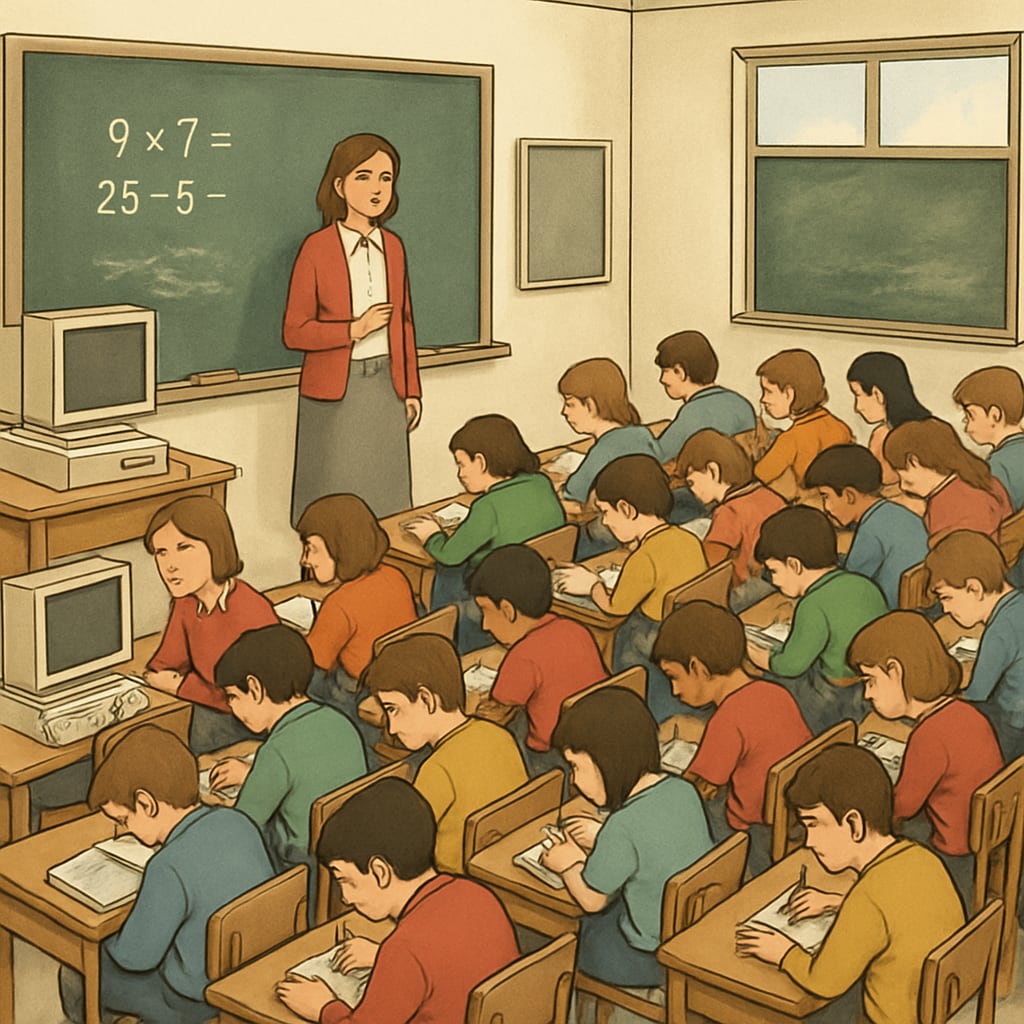 An overcrowded classroom with outdated resources, emphasizing systemic neglect.