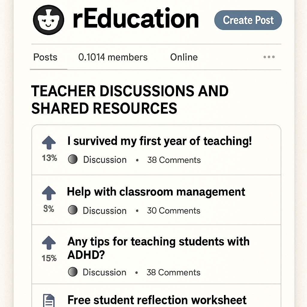 Screenshot of an education subreddit with teacher discussions and resources.