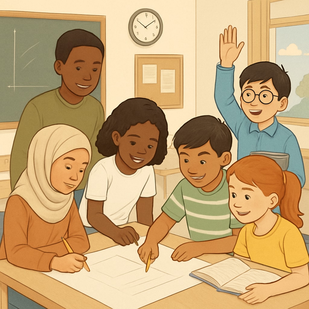 Classroom with diverse students engaging in activities, representing inclusivity in schools.