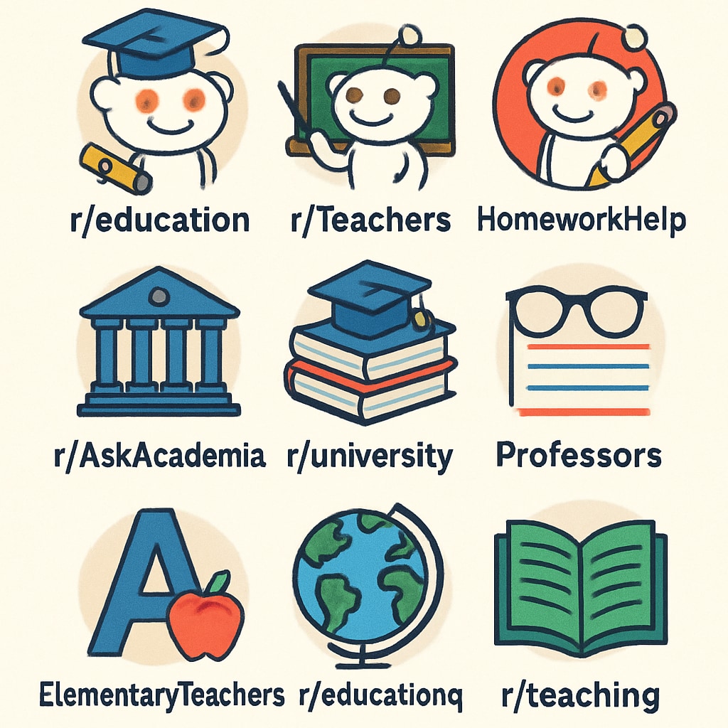 Visual collection of subreddit logos for education topics.