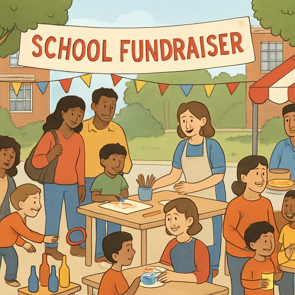 Fundraising event with families engaging in activities, promoting inclusivity over financial privilege.