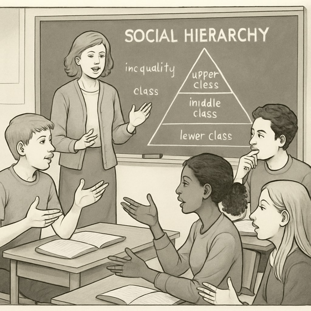 Students debating class stratification in a classroom.