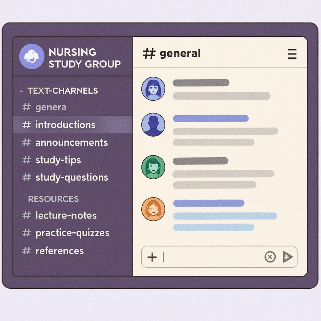 Example of a nursing study group server on Discord with organized channels.