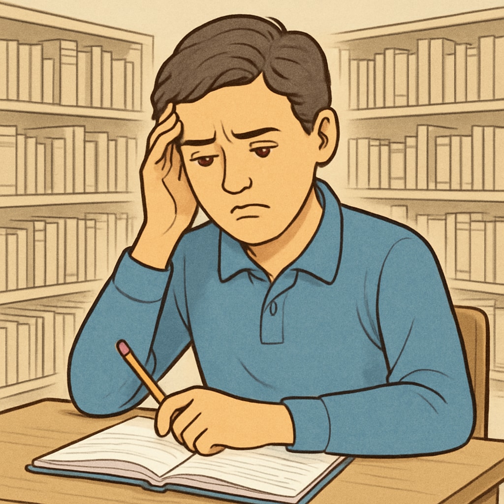 A concerned student sitting in a school library, looking thoughtful with a notebook open, symbolizing the impact of plagiarism accusations on students. A student reflecting on plagiarism accusations in a library setting.