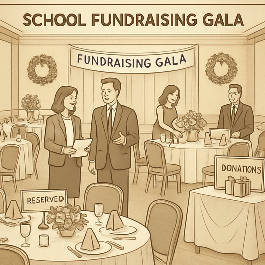 A fundraising gala hosted by a school, showcasing luxury amenities and reserved seating for high-contributing donors. Fundraising gala with luxury amenities highlighting privilege-based funding.