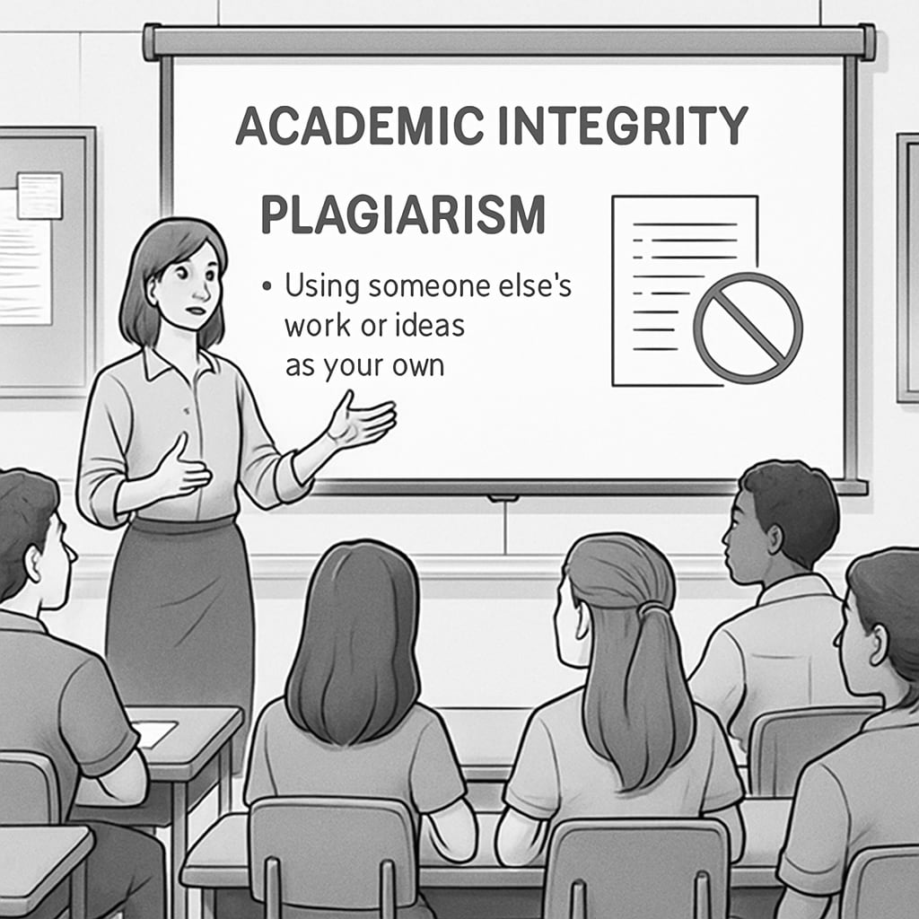 A teacher conducting a workshop on academic integrity with students in a classroom setting, illustrating educational efforts to address plagiarism. A teacher explaining academic integrity concepts to students in a classroom.