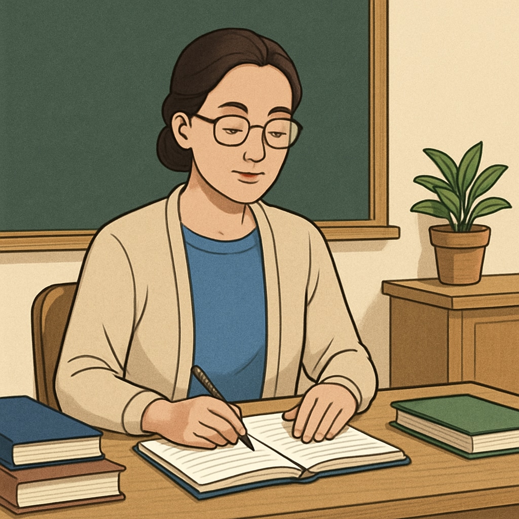 A teacher calmly reviewing notes and practicing mindfulness before the OAE exam. A teacher taking deep breaths to relax before the OAE exam to manage anxiety.