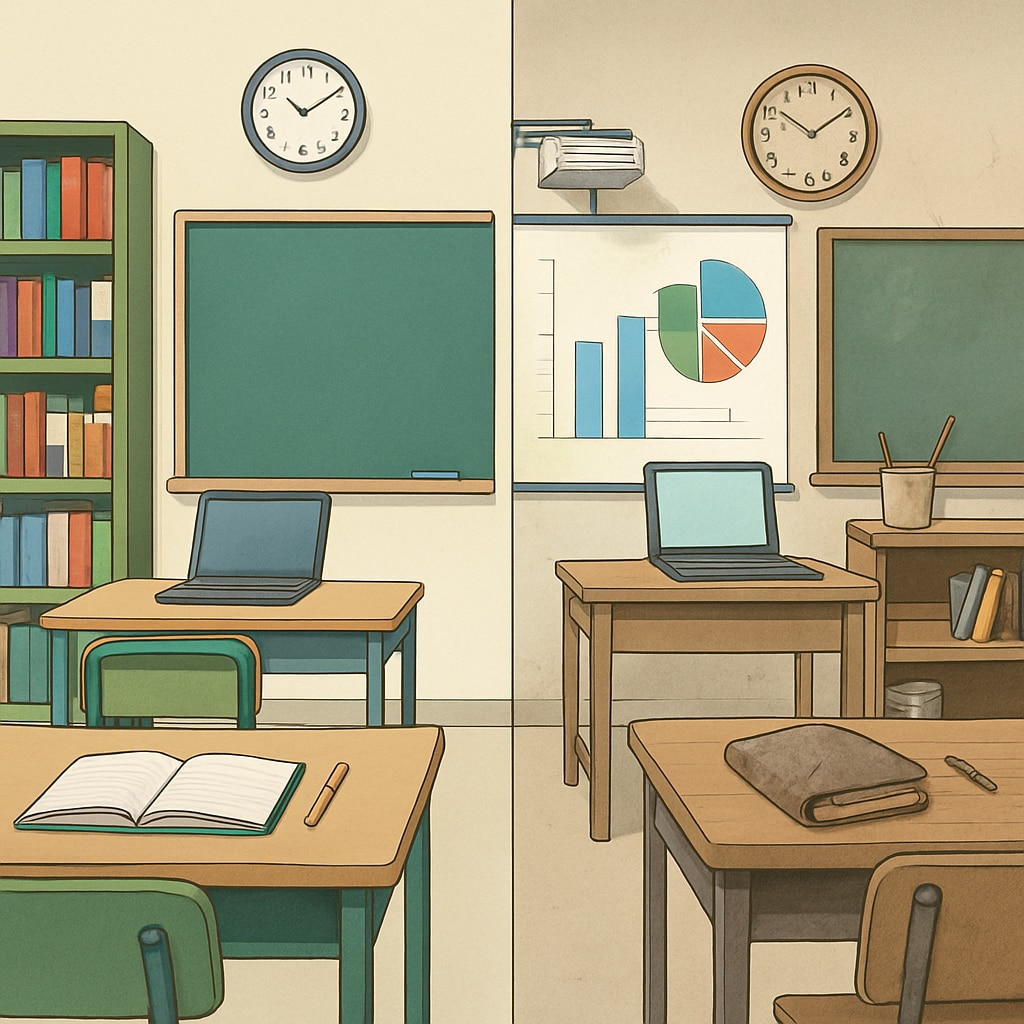 A classroom with visibly unequal resources, highlighting the disparities caused by privilege-based fundraising models. Unequal classroom resources demonstrating socioeconomic disparities in schools.