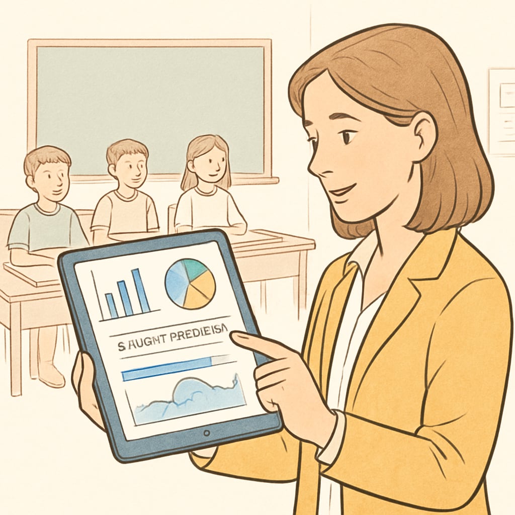 A teacher using an interactive digital tool to analyze real-time student progress. A teacher analyzing student progress through a real-time learning platform.
