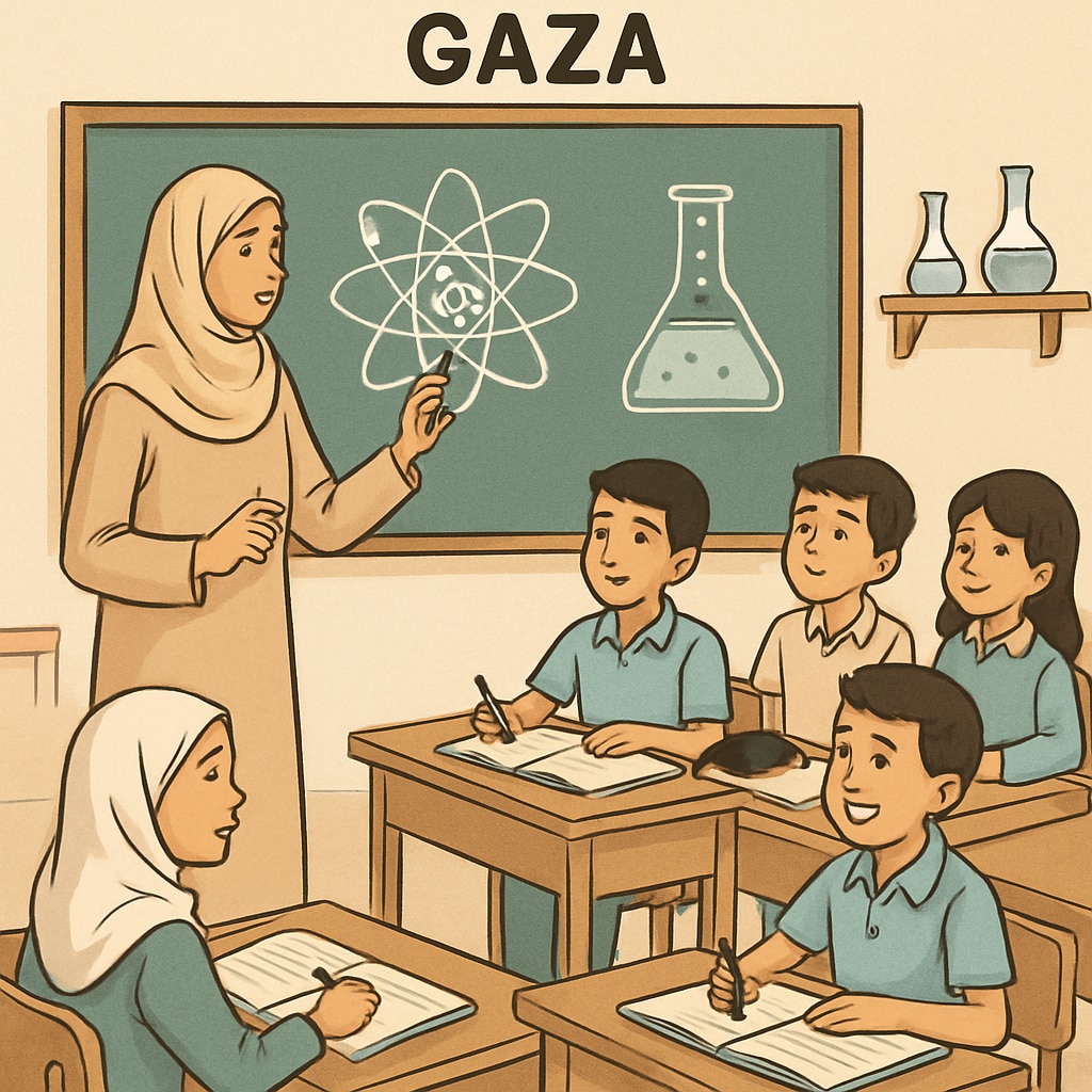 A classroom in Gaza where students are actively engaged in learning science concepts under the guidance of their teacher. Gaza classroom with students learning science from a teacher