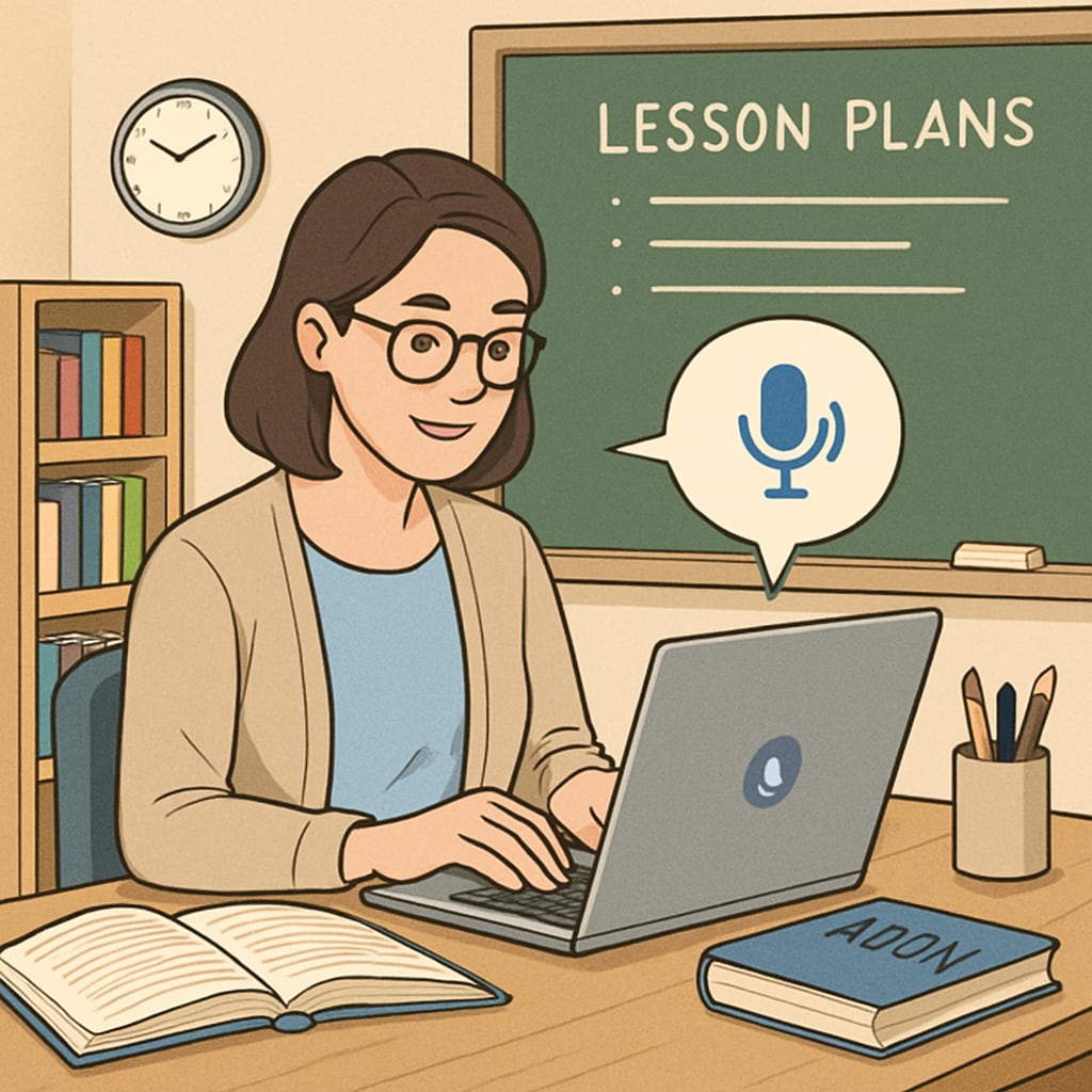 A teacher using a voice recognition tool on a laptop to complete lesson plans in a classroom setting. Teacher using voice recognition tool to create lesson plans.