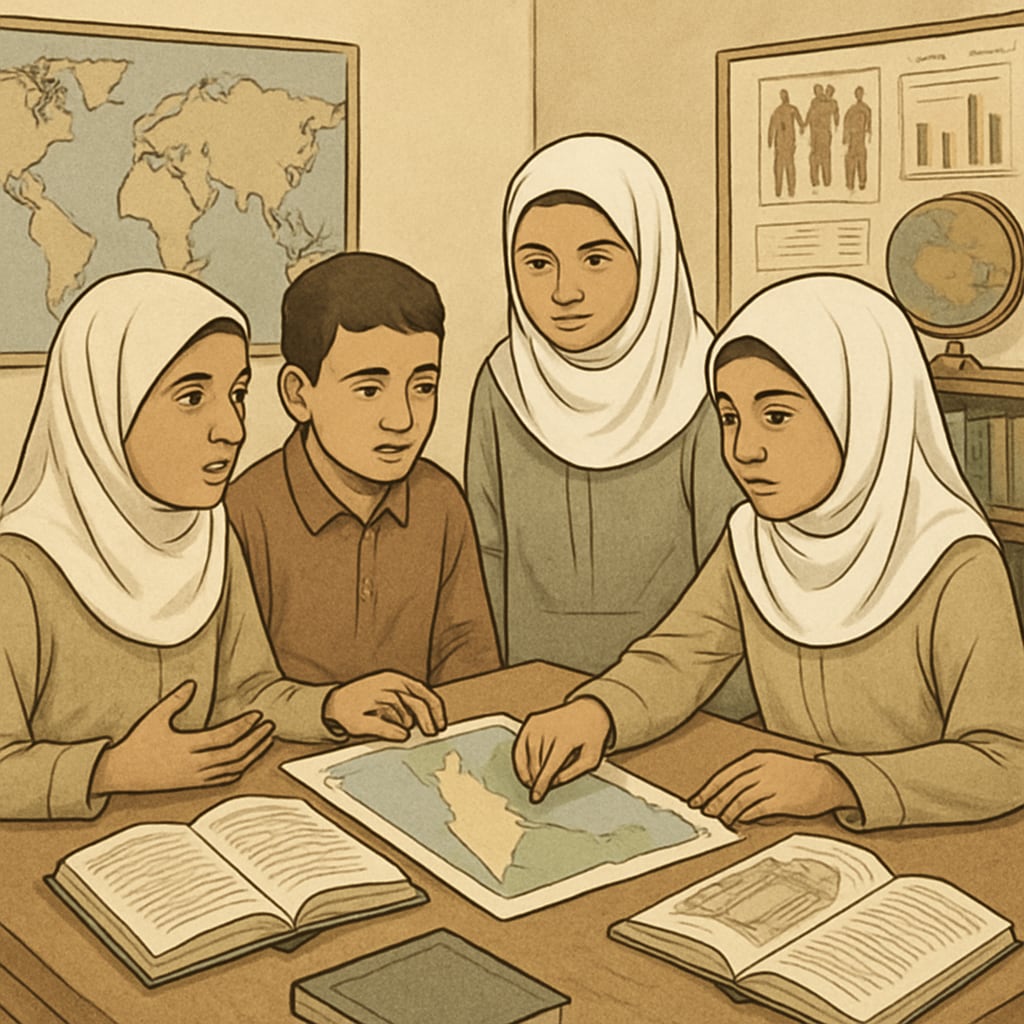 Students in Gaza participating in a group activity focused on social studies and understanding history and culture. Gaza students engaged in social studies group activity