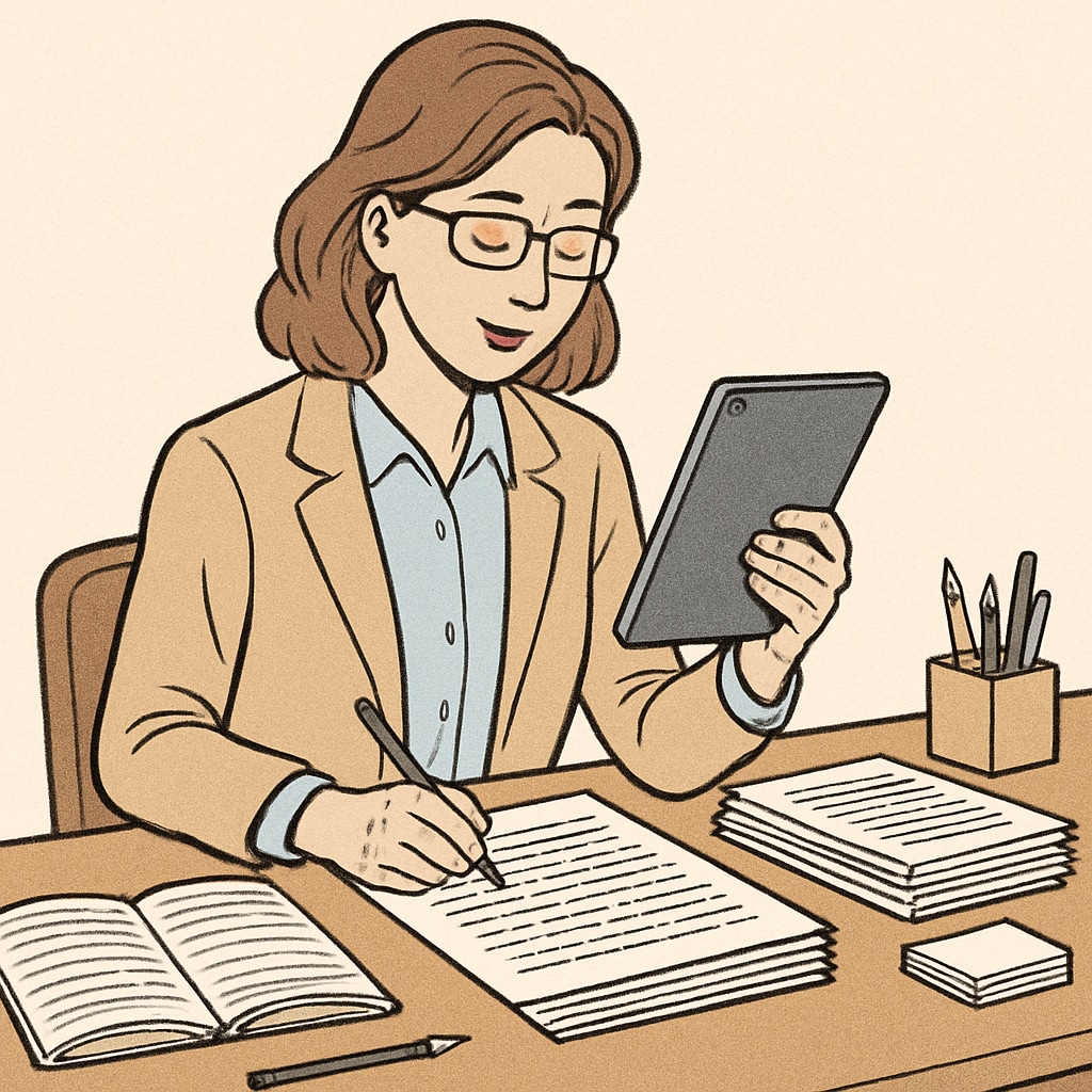 A teacher dictating feedback on a tablet while reviewing student essays at a desk. Teacher dictating feedback on essays using voice recognition technology.