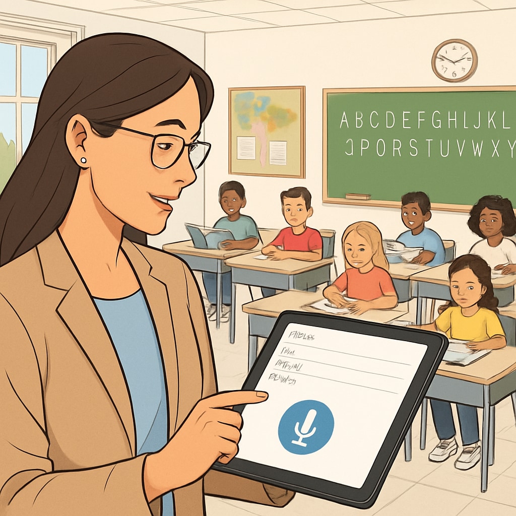 Teacher using speech recognition software for administrative tasks in K12 education.