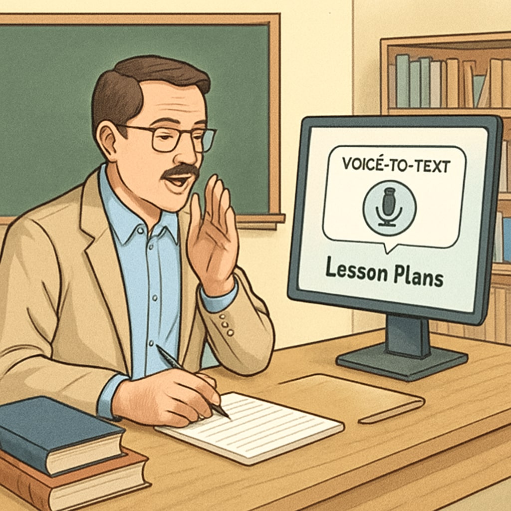 A teacher using voice-to-text technology to prepare lesson plans on a computer. The image highlights the simplicity and efficiency of the process. A teacher leveraging WillowVoice voice-to-text technology for lesson planning