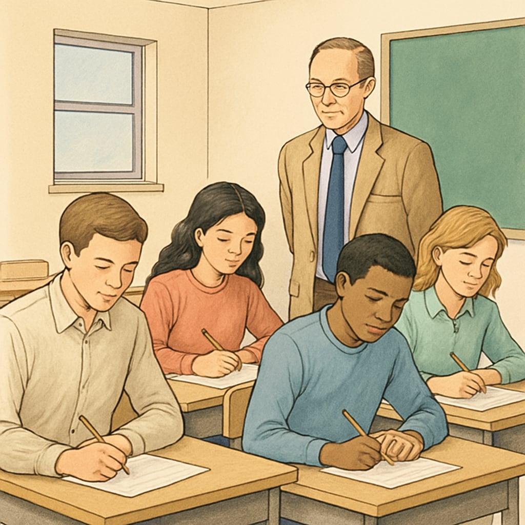 Students working on assignments in a classroom as a professor observes them.