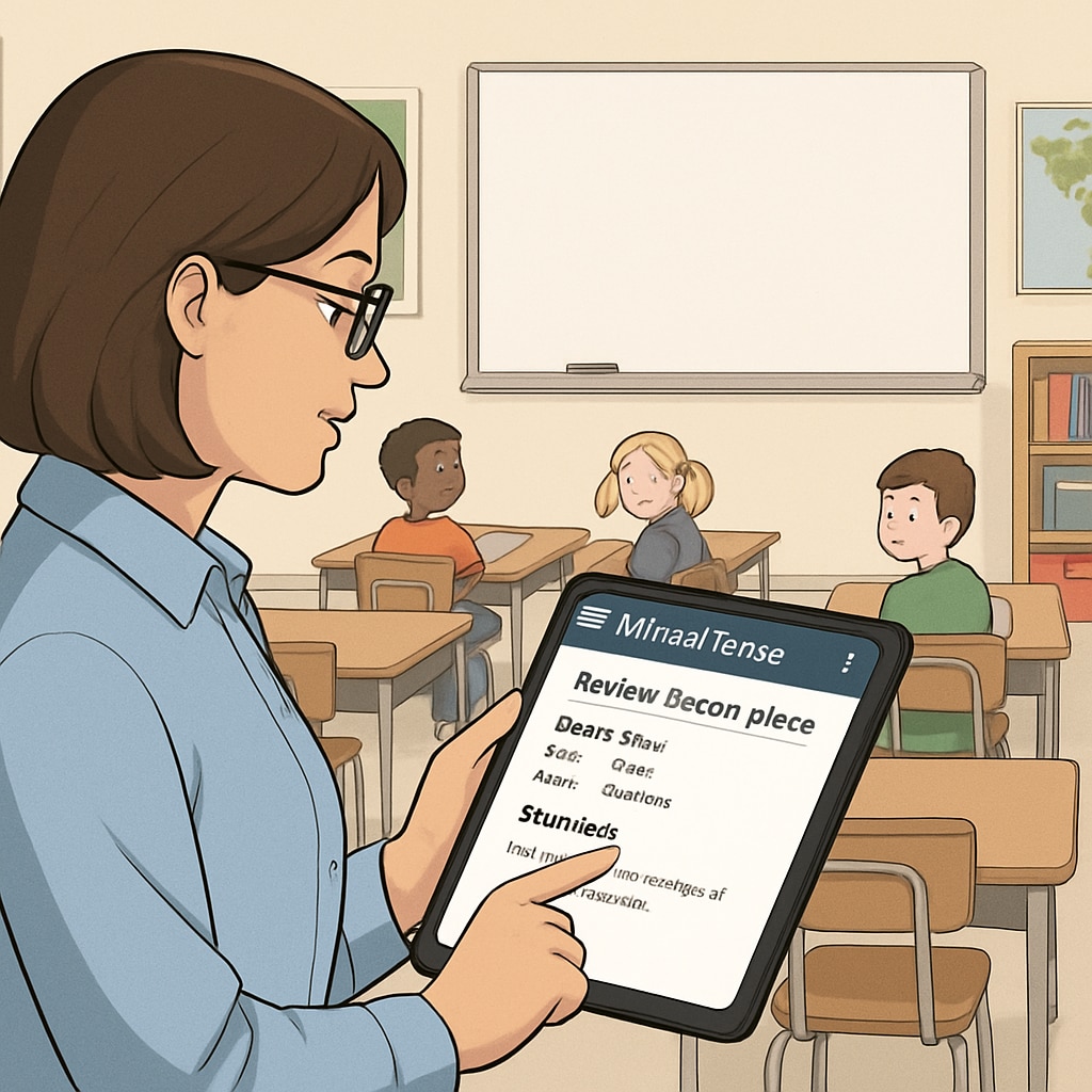 A classroom setting with a teacher using WillowVoice to review lesson plans on a tablet. The image showcases integration of technology in education. Classroom scene with WillowVoice optimizing lesson planning for educators