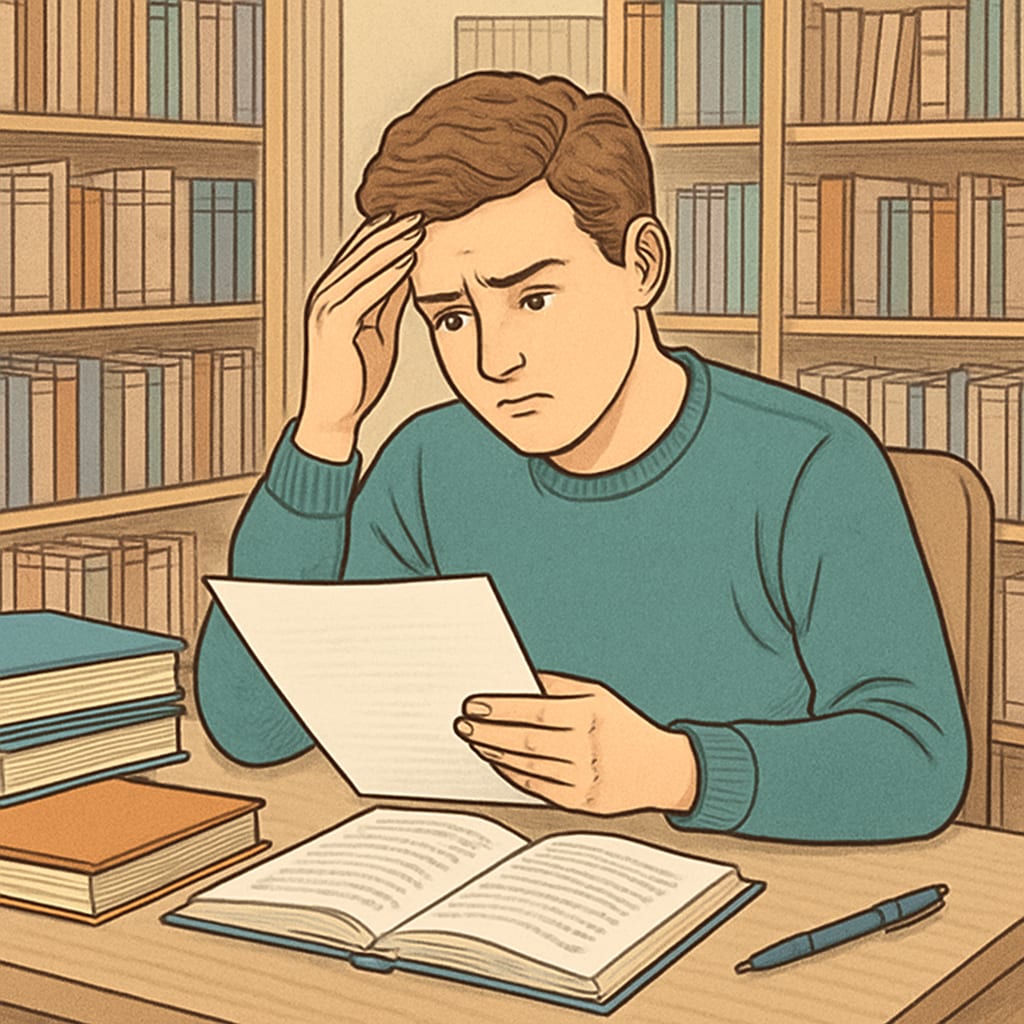 A concerned student reviewing an assignment in a library setting.