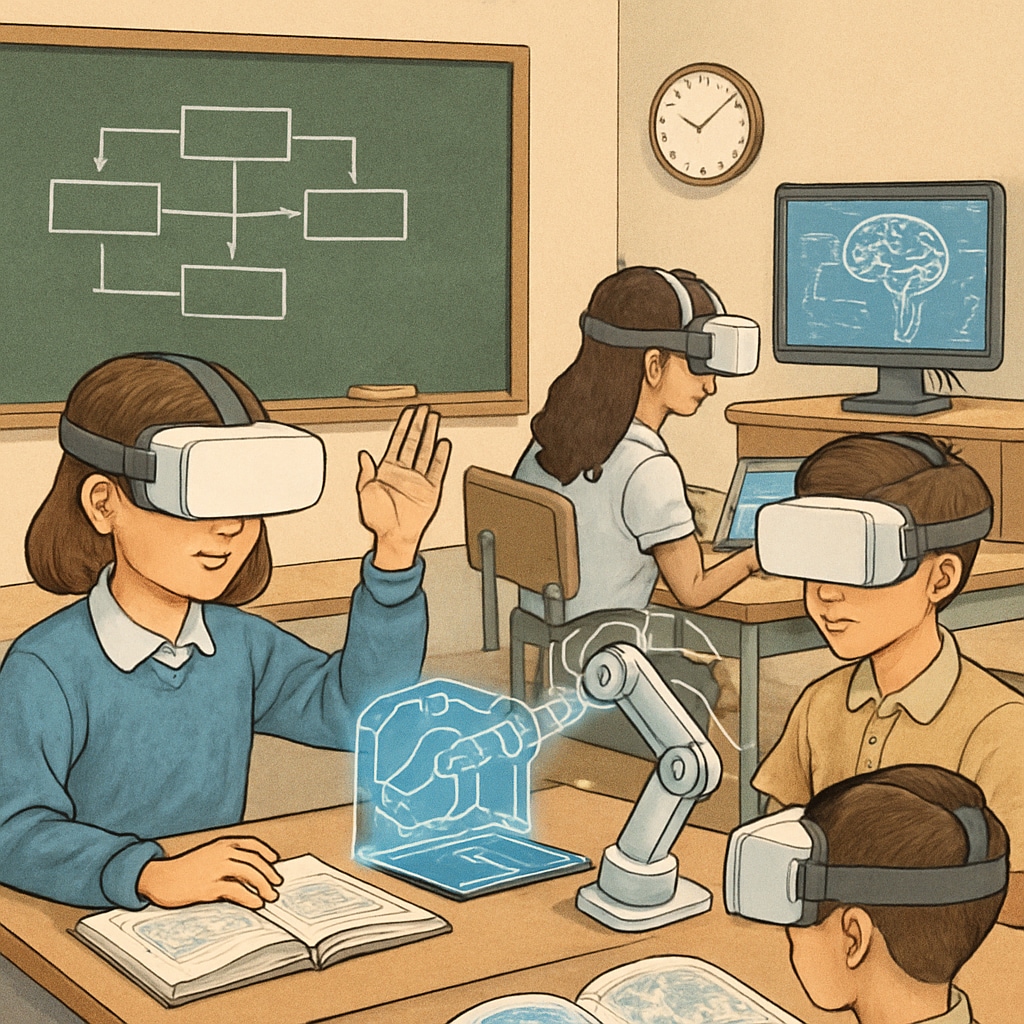 Students exploring virtual reality in AI-driven educational settings